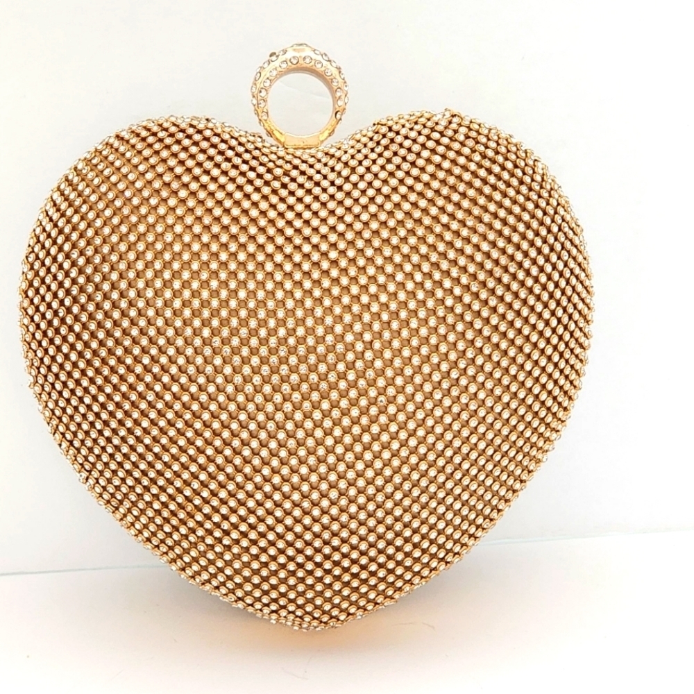 Women's Gold Rhinestone Finger Ring Evening Heart Shape Clutch